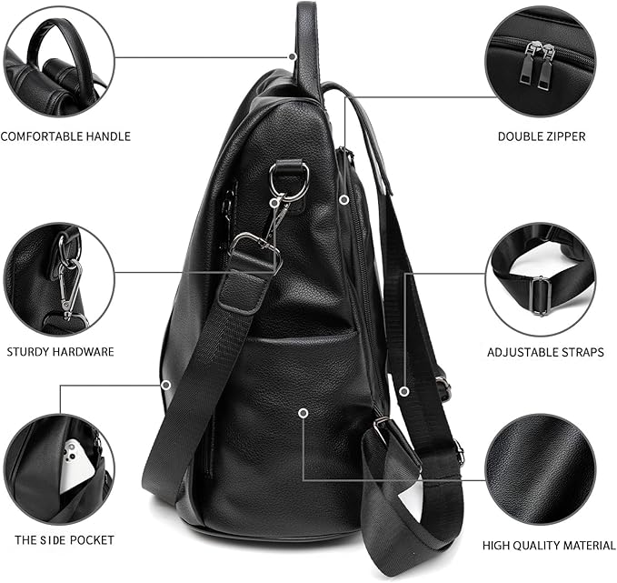 PINCNEL Women Backpack Purse Waterproof Nylon Anti-theft Rucksack Lightweight Shoulder Bag, Medium, Black