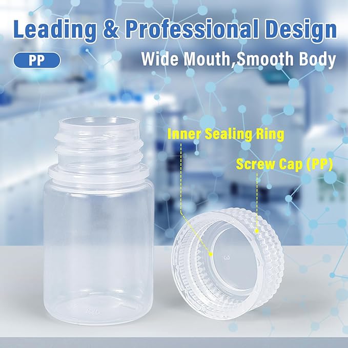 DEMORA 1 oz Small Plastic Bottles with Caps, Airtight Refillable Wide Mouth Travel Bottles for Toiletries, PP Food Grade Plastic Containers for Liquids Pill Sample Lab Reagent (Clear, 4 Pcs)
