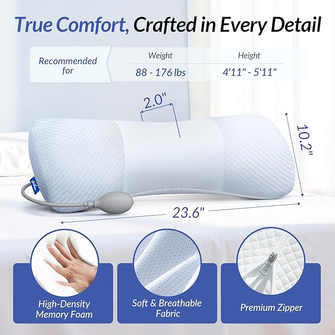 ZIKEE Inflatable Lumbar Support Pillow for Bed with Customized Lower Back Pain Relief & Support, Memory Foam Back Support for Side & Back Sleeping, Bed Pillow for Driving, Resting, Breathable Cover