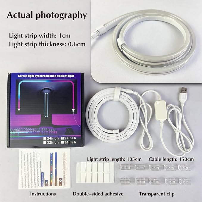 Monitor LED Backlights, LED Strip Light Sync with Screen Color/Music, Computer Light Bar Behind Screen, for PC/Mac, LEDs for Desk Gaming, USB Interface,Software Control (24 inch)