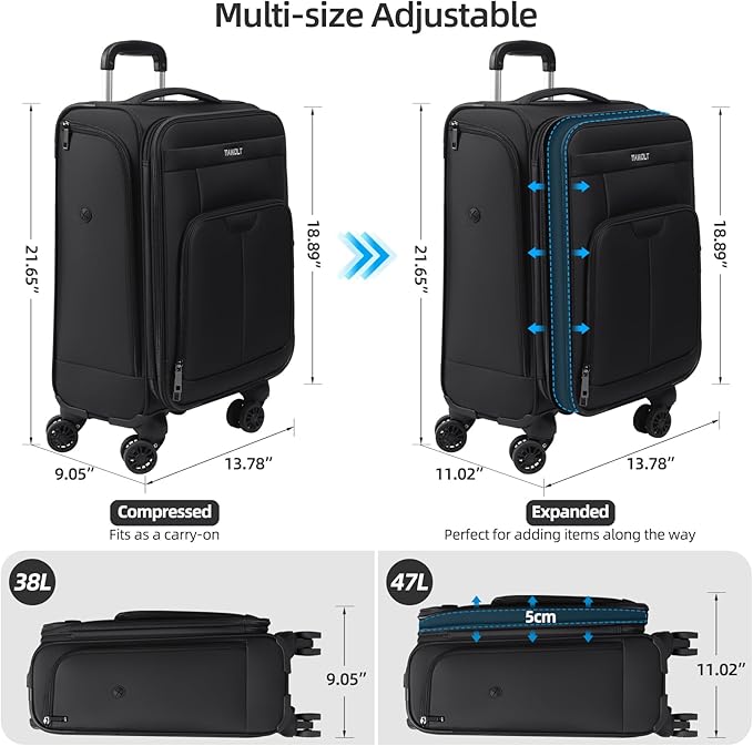 Carry on Luggage with Spinner Wheels 20-Inch,Lightweight Expandable Luggage Set Carry-on Suitcase with Wheels &carry on Tote Bag,Women Men-Black