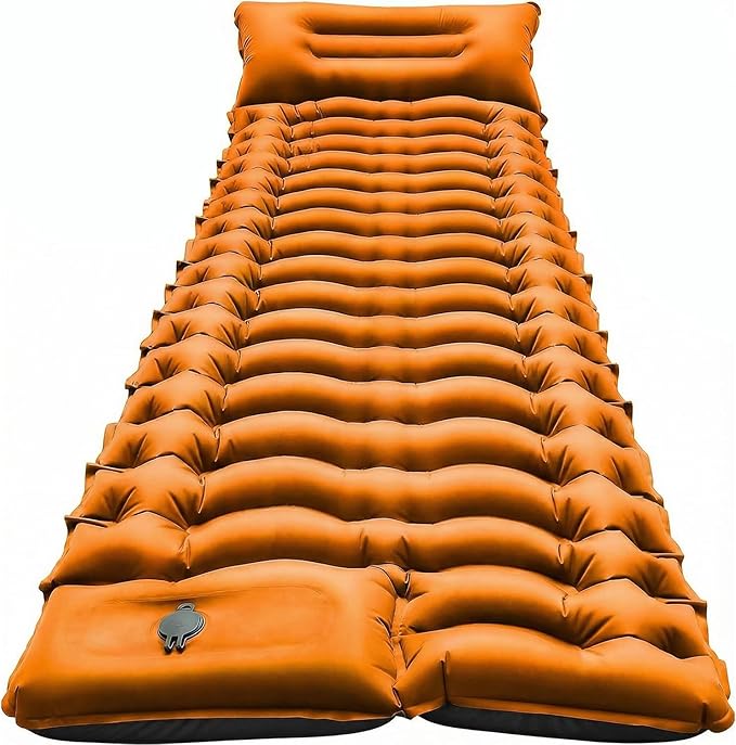 Camping Sleeping Pad, Ultralight Camping Mat with Pillow Built-in Foot Pump & Pillow, Upgraded Compact Camping Air Mattress for Tent, Backpacking-Orange