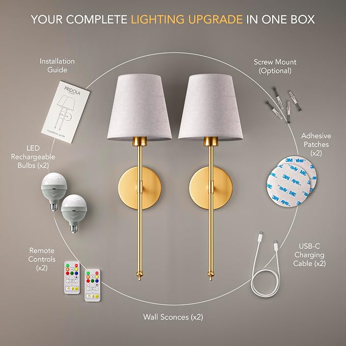 Set of 2 Wireless Wall - Stick-On or Screw Mount for Easy Installation, Rechargeable LED Bulbs, Remote Controlled, Adjustable Brightness, The Original Wireless Wall Lamps (Silver)