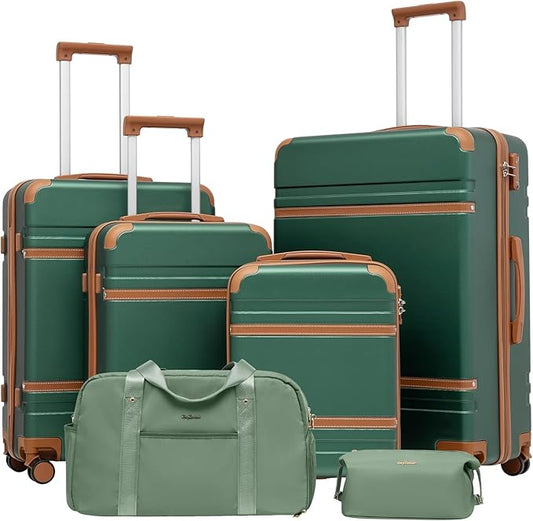 LONG VACATION Luggage Set 6 Piece Suitcase with Spinner Wheels, ABS+PC Hardshell Luggage with TSA Lock & YKK Zipper
