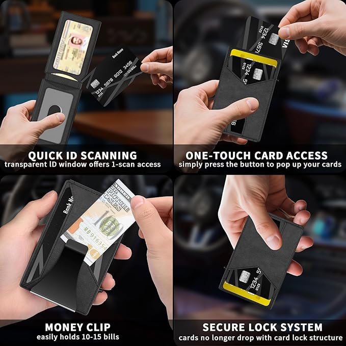 Wallet for Men Aluminum RFID Blocking-Metal Smart Pop-Up Credit Card Holder with 2 ID Windows, Holds 8-10 Cards,Bifold Security Front Pocket Wallet & Money Clip,Men's accessories (Black)