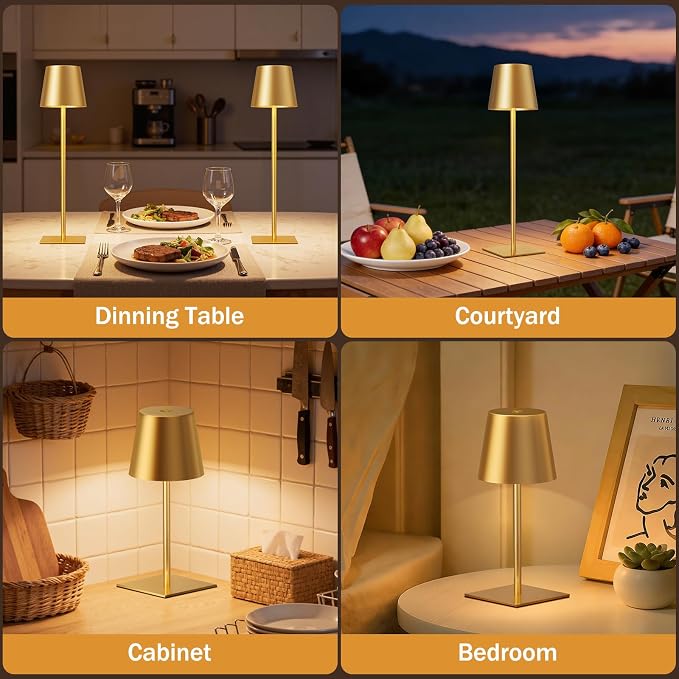Gold Cordless Rechargeable Table Lamp, 2 Pack Portable Desk Lamp with 5000mAh Battery, Touch Control Stepless Dimming, Wireless Night Light for Dining, Outdoor Camping, Coffee Shop, Water Repellent | 5000mAh, Touch Control, 3 Color Modes Stepless Dimmi...
