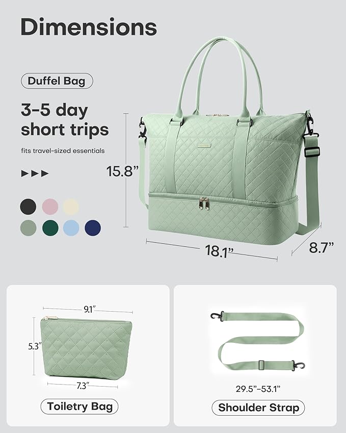 HOTOR Travel Duffel Bag - Weekender Bags for Women, Gym Tote Bags with Shoe Compartment, Carry On Overnight Bag with Toiletry Bag for Travel Essentials and Travel Accessories, Green, 15.8"×18.1"×8.7"