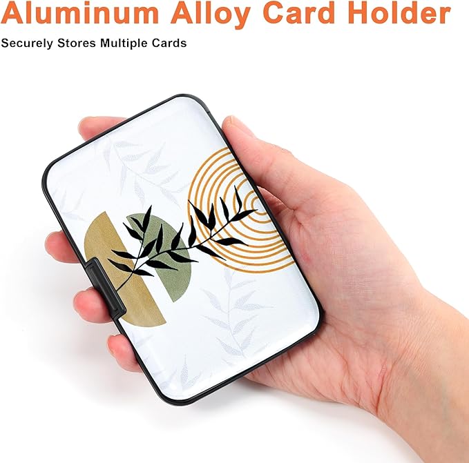 Mayski Credit Card Holder, RFID Blocking, Aluminum Alloy Hard Case, Small Mini Business Metal Wallet for Women Men, Boho Leaves