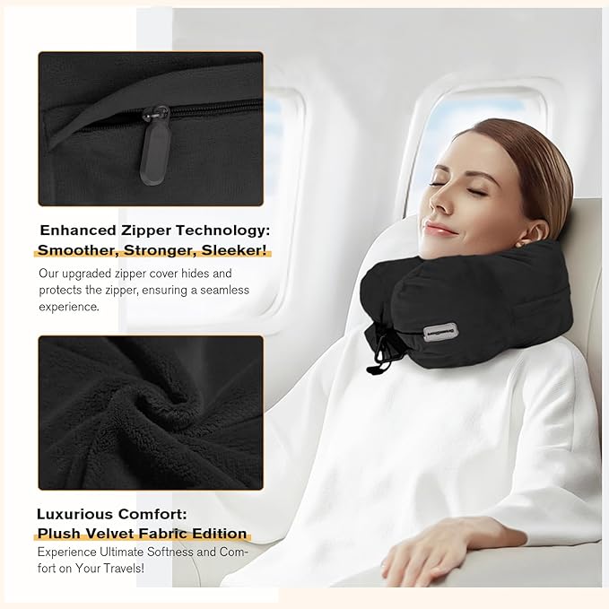 DreamShore Travel Pillow for Extra Luggage:Stuffable Neck Pillow with Adjustable Neck Size|Fits 3+ Days of Travel Essentials|Transformable Carry-On Solution|Soft Velvet Cover|No Filler(Black)