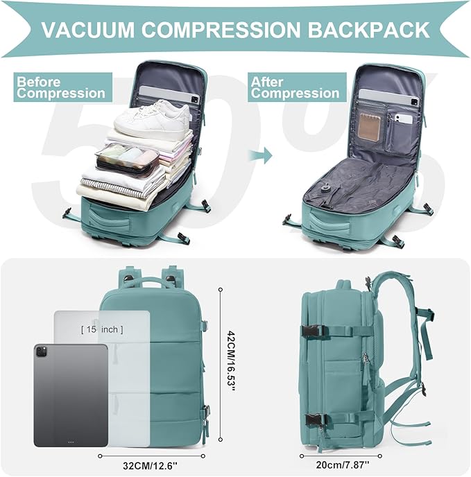 coowoz Vacuum Backpack Travel with Pump,Travel Backpack with Vacuum System For Women Men,Carry On Backpack,Hiking Backpack Waterproof Outdoor Sports Rucksack Casual Daypack,25L(Built-in Pump),Blue
