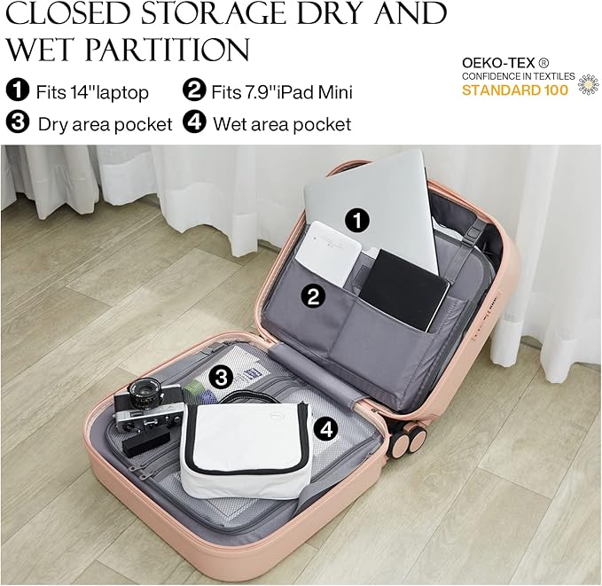 mixi Carry on Luggage, Suitcase with Spinner Wheels 16in Luggage Hardshell Lightweight Rolling Suitcases PC with Cover & TSA Lock, Pink