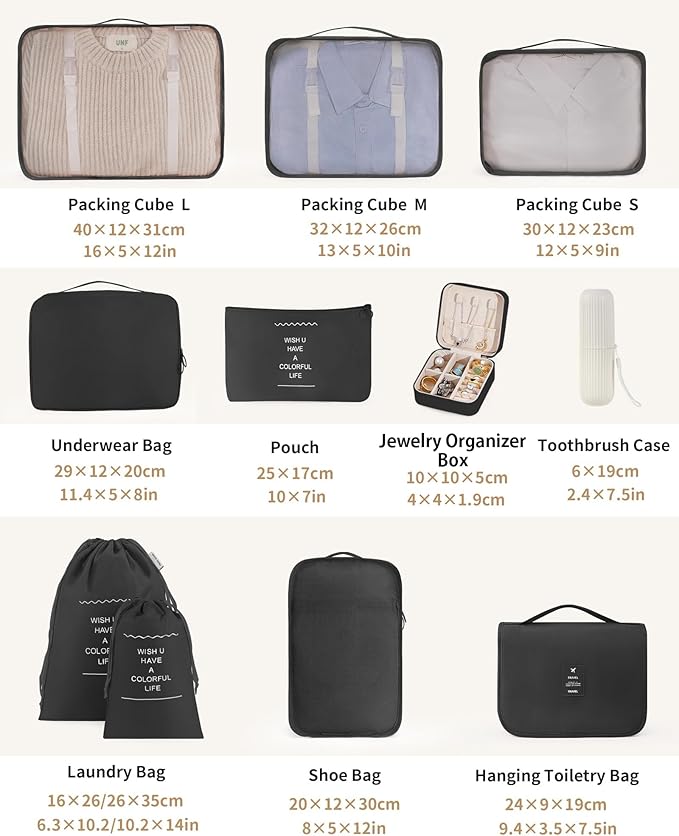 Packing Cubes 11 Set, Suitcase Organizers, Luggage Organizer Bags, with Toiletry Bag, Travel Essentials, Black