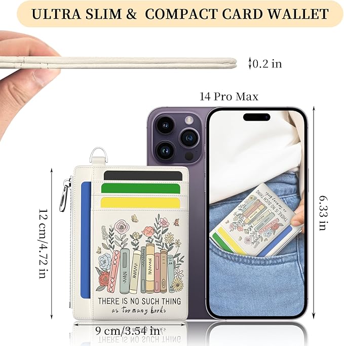 Hancynir Book Lover Floral Slim Wallet Women Credit Card Holder Cute Flower RFID Blocking Small Card Holder Mini Front Pocket PU Leather Thin Travel Zipper Coin Ladies Female Wallet Organizer Gifts