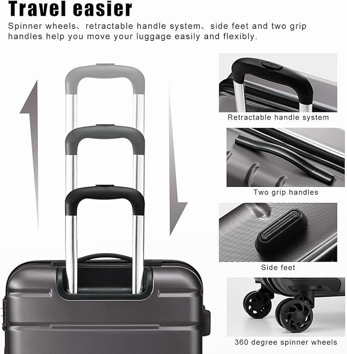 Coolife Luggage Suitcase Carry-on Spinner TSA Lock USB Port Expandable (only 28’’) Lightweight Hardside Luggage (Gray, L(28in))