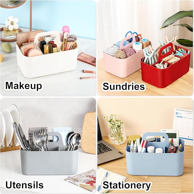 Multiuse Caddy Organizer with Handle, Portable Divided Plastic Tote Bin - Art Craft, Stationary Pen Marker Crayons, Makeup Hair Supplies Storage - Bathroom, Classroom, Dorm, Office, Desk Holder - Red