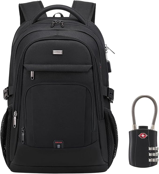 DUSLANG 17 Inch Laptop Backpack for Travel Water Resistant College Backpack for Men Women Laptop Bag with USB Charging Port black lock,Black