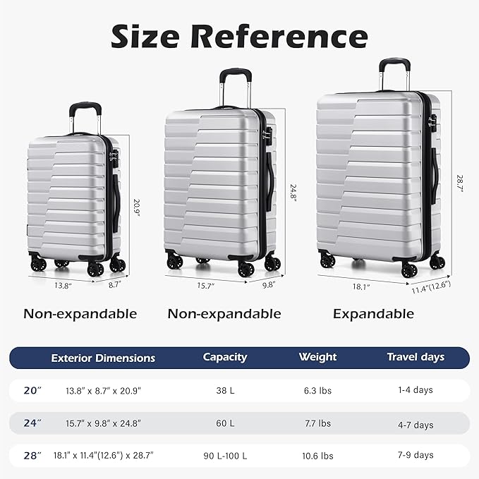 Coolife Luggage Sets, 3 Piece Hard Shell Suitcase Set with Spinner Wheels, Expandable Large Checked Luggage, Lightweight Rolling Carry On with TSA Lock Sliver