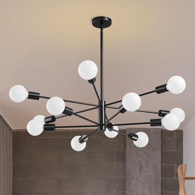 RUIYEY Modern Sputnik Chandeliers Light, 12-Light Black Chandeliers for Dining Room, E26 Height Adjustable Chandelier Ceiling Lighting Fixture for Farmhouse Kitchen Island Living Room Foyer