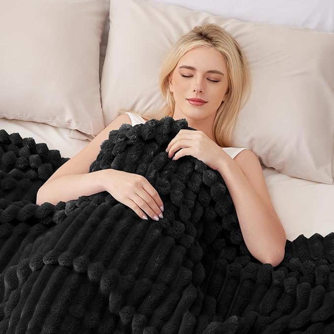 EXQ Home Fleece Blanket Queen Size for Couch or Bed - 3D Stripe Jacquard Decorative Blankets - Cozy Soft Lightweight Fuzzy Flannel Blanket Suitable for All Seasons(90"×90",Black)