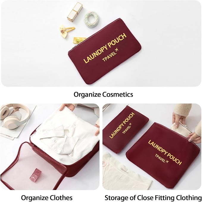6 Set Packing Cubes for Travel Luggage Packing Bags Reusable Waterproof Suitcase Organizer Bags Set with Shoe Bag and Toiletry Bag (Wine Red)