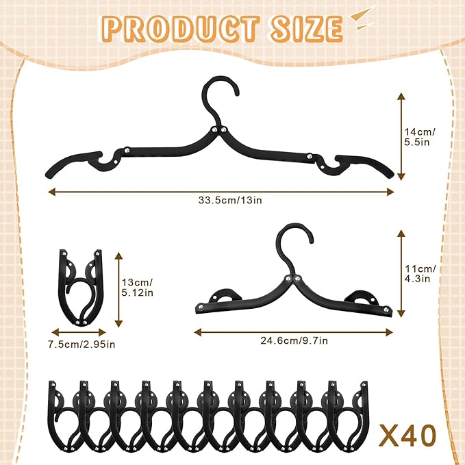 Sieral 40 Pcs Foldable Travel Hangers Plastic Portable Folding Clothes Hangers Cruise Ship Essentials for Travel Cruises Suitcase Dormitory School Hotel Women Laundry Coat Bag Drying(Black)