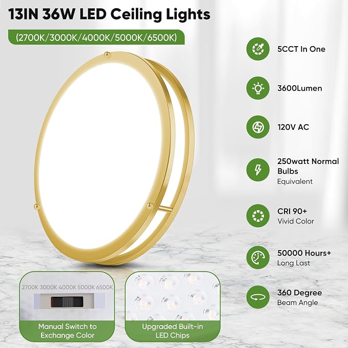 13 Inch LED Flush Mount Ceiling Light, Gold Kitchen Light Fixture with 2700K/3000K/4000K/5000K/6500K 5 Color Adjusted, Dimmable Modern Round LED Light for Bedroom Bathroom Living Room Laundry, 1-Pack