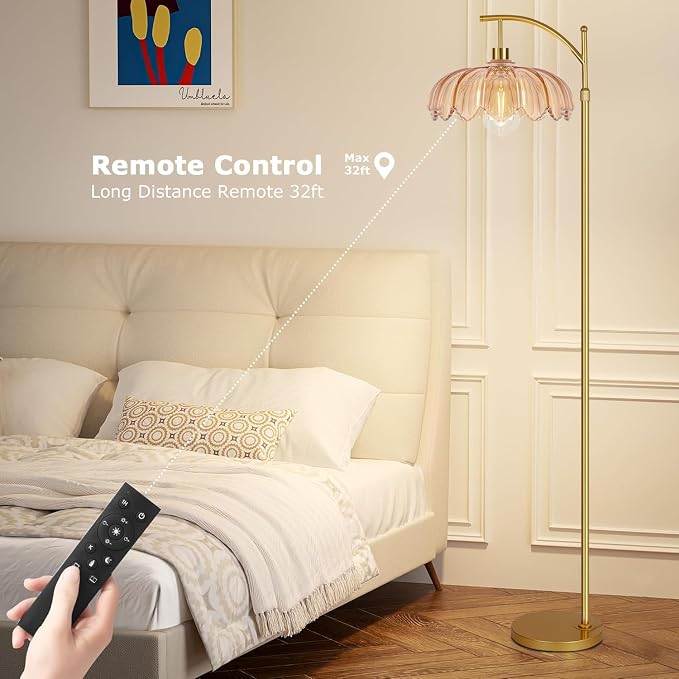 QIYIZM Floor Lamp for Living Room,Bedroom,Gold Dimmable Standing Lamp with Remote,Mid Century Modern Brass Tall Lamp Retro Vintage Green Glass Lamp Floor Light Boho Bohemian