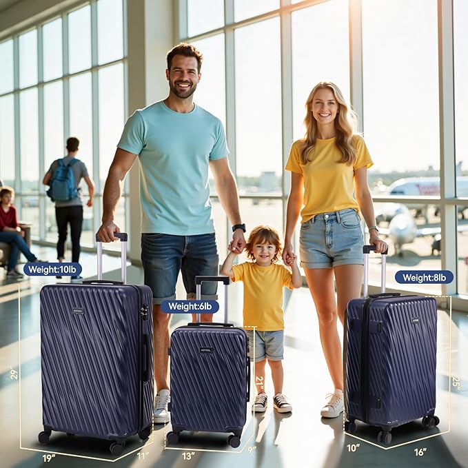 Hoteel Luggage Sets 3 Piece Hardside, 4-Year Warranty, Luggage Set with Spinner Wheels, TSA Lock, Wet/Dry Separation Compartment, Lightweight Carry on Luggage, 20"/24"/28" Suitcase, Dark Blue