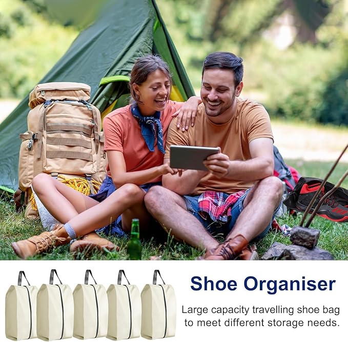5Pcs Large Travel Shoe Bags Portable Travel Gifts Shoe Organizer with Zipper Closure, Waterproof Nylon Shoe Storage Organizer with Handle Travel Bags For Men and Women, Beige
