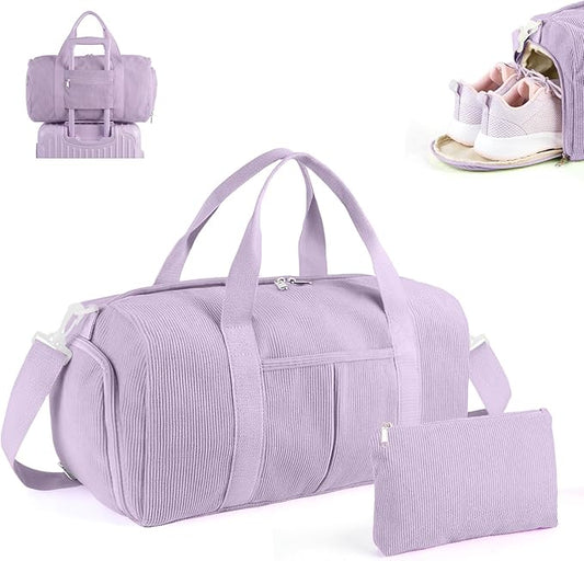 2PCS Cute Gym Bag for Girls, Corduroy Duffle Bag with Wet Pocket & Shoe Compartment and item bag, Duffle Bag for Travel, Sports, Fitness & Workout