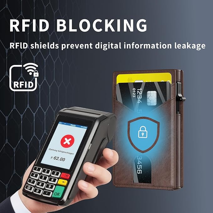 Wallet for Men Aluminum RFID Blocking-Metal Smart Pop-Up Credit Card Holder with 2 ID Windows, Holds 8-10 Cards,Bifold Security Front Pocket Wallet & Money Clip,Men's accessories (Coffee)