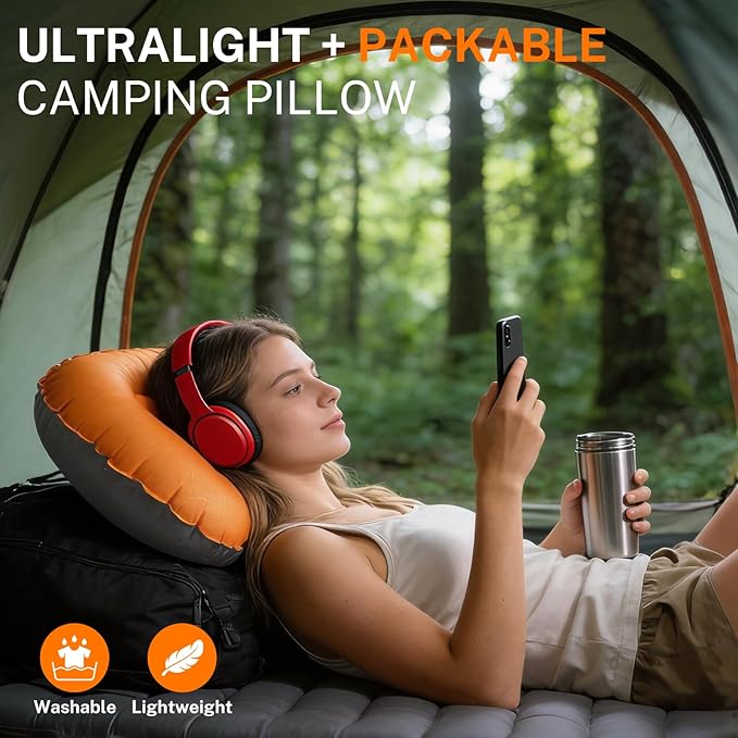 Ultralight Inflatable Camping Travel Pillow-Compressible, Compact, Comfortable, Ergonomic Inflating Pillows for Neck & Lumbar Support While Camp, Hiking, Backpacking (Orange)