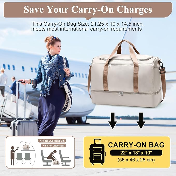 Extra Large Travel Duffle Bag,Carry on Overnight Weekend Bag with Shoes Compartment,Weekender Bags for Women for Travel Business Trips Sport Hospital,3 Pcs Set,Beige & Brown