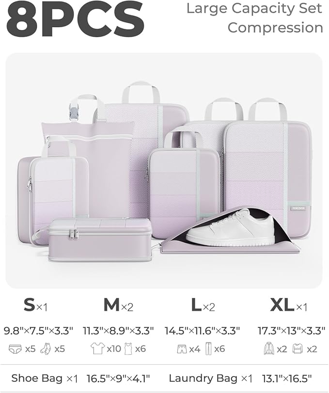 Percover Compression Packing Cubes 8-Piece Set, Packing Cubes Compression for Travel with Laundry Bag & Shoe Bag, Travel Organizer for Carry On & Checked Luggage, Purple