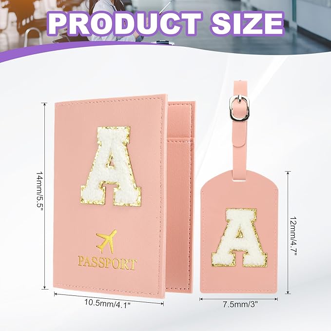PATIKIL Passport Holder for Travel, Initial Passport Cover and Luggage Tag Set with Alphabet Chenille Letter Patch Travel Wallet Bag Suitcase Identifier for Women Family Travel Pink A