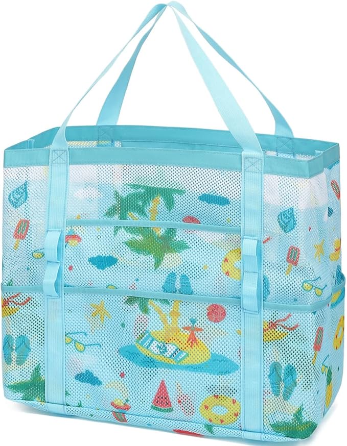 Fammart Mesh Beach Bag, Large Beach Tote with Zipper Pocket, Toys Pool Bag for Family Travel Vacation Cruise Essentials