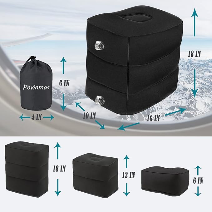 Inflatable Foot Rest Pillow for Travel, Kids/Adults Airplane Travel Pillow Kids Bed-Adjustable Height Cushions,for Kids to Sleep While Traveling,Suitable for Car,Office,Home,Travel (Black)