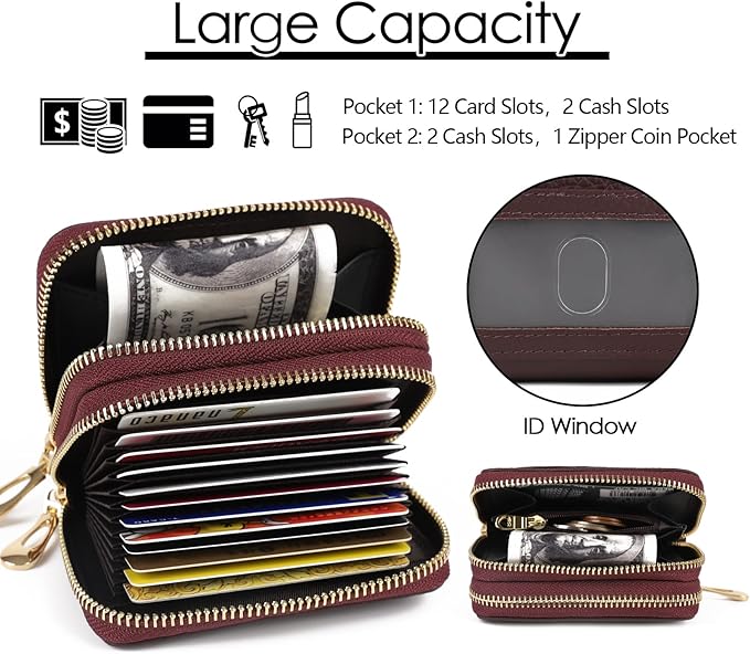 imeetu RFID Credit Card Holder, Small Leather Zipper Card Case Wallet for Women