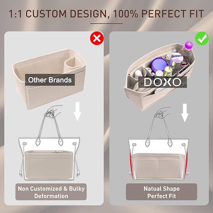 Doxo Purse Organizer Insert for Handbags & Base Shaper 2pc Set, Felt Organizer Insert Large Tote, Bag Organizer with Zipper 5 Sizes, Fit Speedy 30 Neverfull MM and More(Beige-L-Combination)