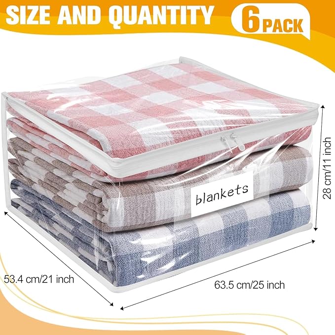 Plastic Storage Bags with Easy-Glide Zipper, Pack of 6, Durable Clear Vinyl Zippered Storage Bags for Clothes Sweaters Comforters Blankets Sheets Bedding (25 x 21 x 11 Inch)
