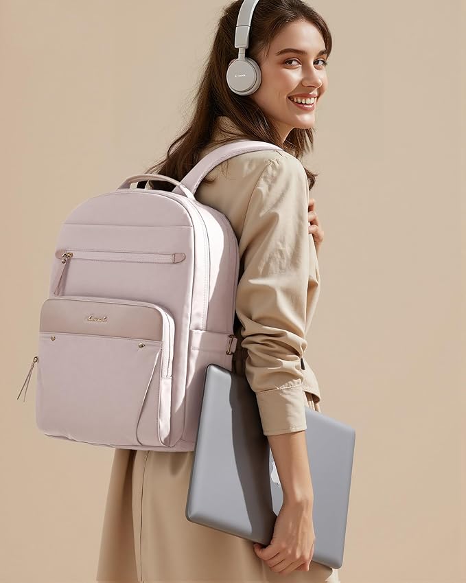LOVEVOOK Laptop Backpack for Women with Leather Trim & Tumbler Pockets, 15.6" Work Backpack Purse, Travel Personal Item Bag, Carry On Business Computer Bag for Office, School, or Gift, Soft Milk
