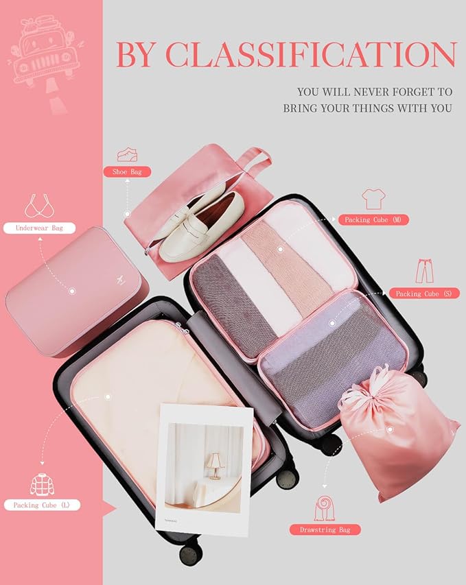 HOTOR Packing Cubes for Suitcases - 6 Pieces, Light Packing Cubes for Travel, Premium Suitcase Organizer Bags Set, Space-Saving Luggage Organizers, Travel Accessories and Essentials, Pink