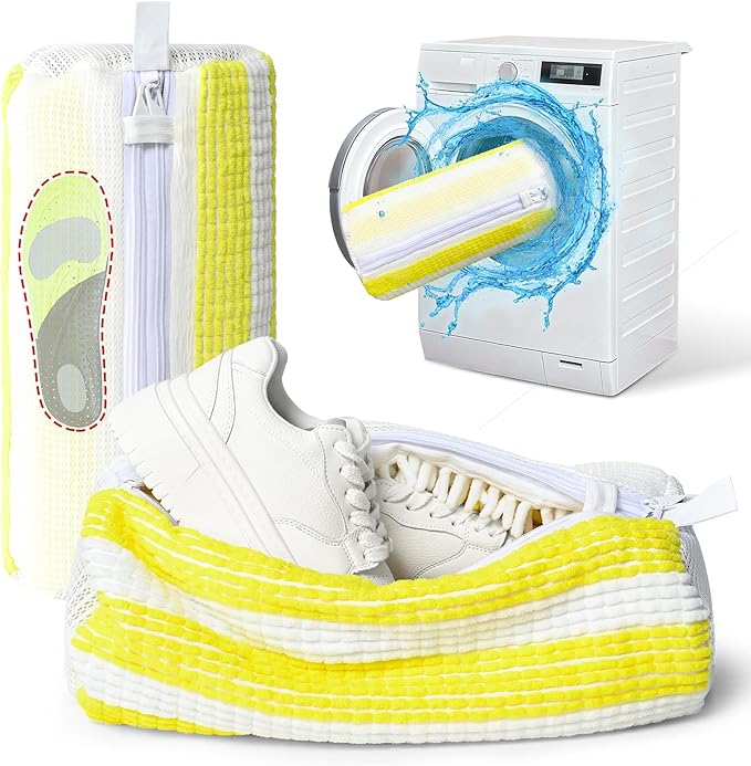 Anybar Shoe Washing Machine Bag –2 Pcs Reusable Laundry Shoe Bag 360° Deep Cleaning Sneaker Washing Machine Bag Fits All Shoe Types Microfiber Inside with Self-locking Zipper (Yellow White)
