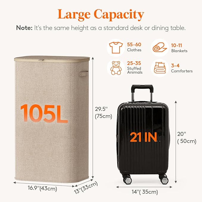 Lifewit 105L Large Laundry Basket with Lid, Laundry Hamper with Plastic Handles and Removable Bag, Foldable Tall Dirty Clothes Hampers for Laundry for Laundry Room, Bedroom, Bathroom, Dorm, Beige