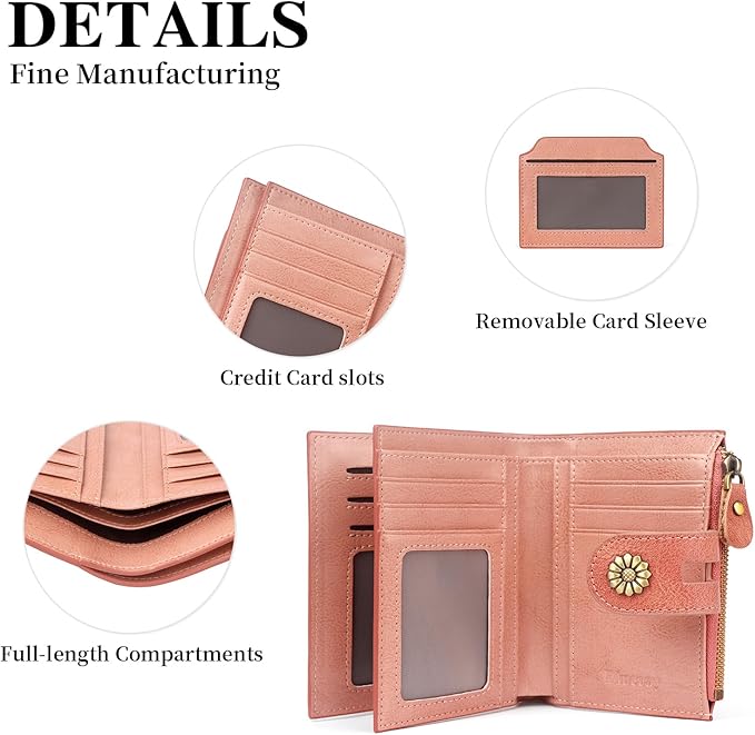 Wallet Women,RFID Blocking Leather Womens Wallet Bifold Compact Card Holder Small Wallet for Women with Removable ID Window Pink
