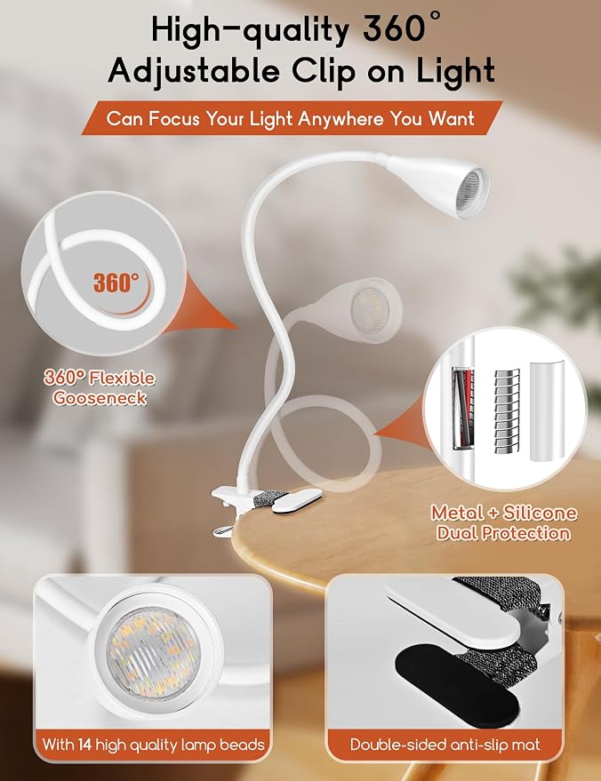 2 PCS Reading Light for Book in Bed,Clip on Light Reading Lamp with Adapter | 5 Color Modes 10 Brightness, Eye-Caring Clip on Desk Lamp Book Light for Reading in Bed Headboard Bedside Bedroom (White)