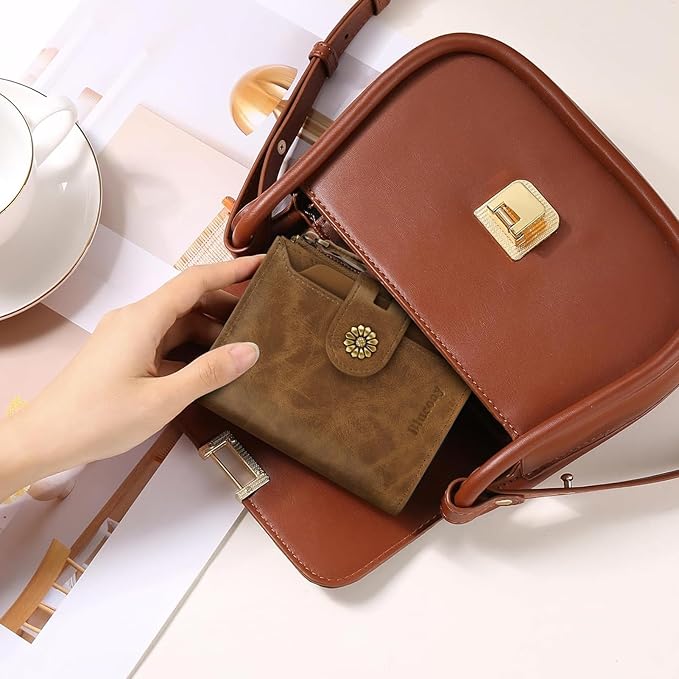 Wallet Women,RFID Blocking Womens Wallet,Leather Bifold Compact Small Wallet for Women Card Holder with Zip Coin Pocket(apricotbrown)
