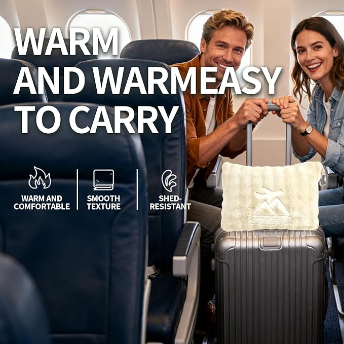 Travel Blanket and Pillow-2-in-1, Ultra-Soft&Compact, Airplane Blanket with Hand Luggage Belt and Backpack Clip,Travelers Accessories Gifts, 61x43 Inches（White）