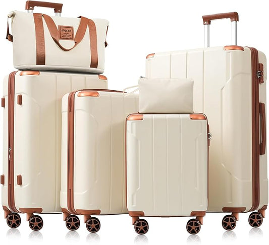 Merax Luggage Set 6 Piece Expandable Lightweight ABS Hardshell Suitcases with Wheels, Corner Guards (White Brown, 6 piece set)