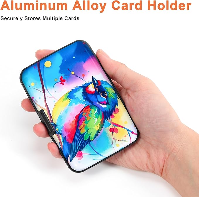 Mayski Credit Card Holder, RFID Blocking, Aluminum Alloy Hard Case, Small Mini Business Metal Wallet for Women Men, Colorful Bird